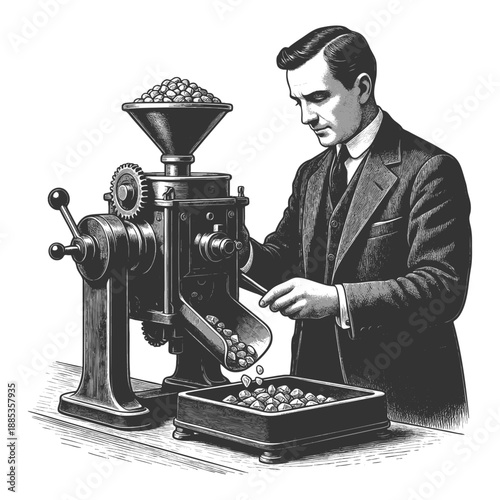man using a mechanical press to transform rough stones into sparkling diamonds sketch engraving generative ai fictional character vector illustration. Scratch board imitation. Black and white image.