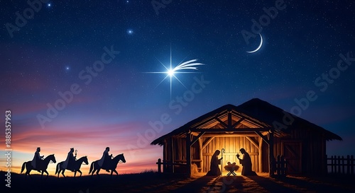 A serene nativity scene with the three wise men and a bright