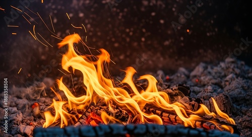 Close up view of burning embers and bright orange flames rising upwards