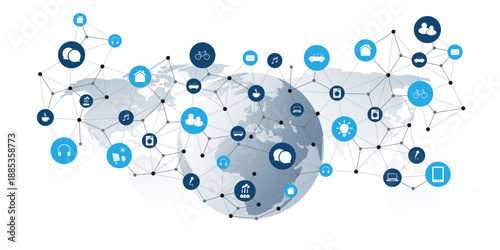 A vector graphic illustrating IoT and global connectivity. A world map is overlaid with a network of nodes and icons representing smart devices and services, suggesting an interconnected digital world