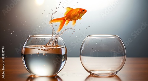 A vibrant goldfish leaps from a full glass into an empty one