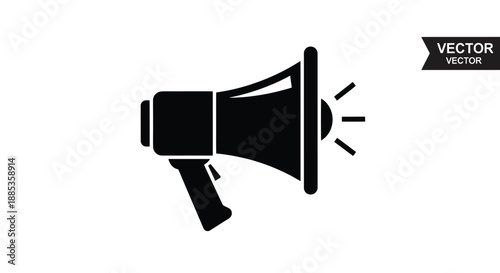 A black silhouette illustration of a vintage megaphone with sound waves