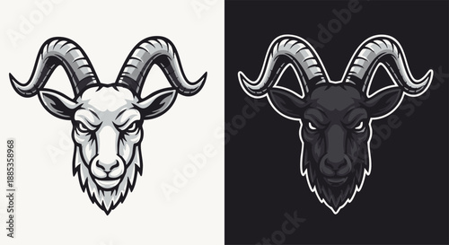 Two detailed monochrome goat head mascots with large horns, one light on white and one dark on black, depicting strength and intensity.