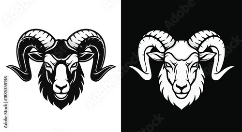 Detailed black and white illustration of a ram's head with large curved horns, presented in two contrasting styles.
