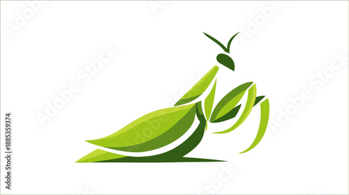 A green stylized illustration of a praying mantis on a white background