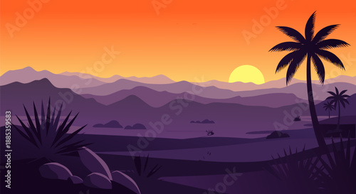 Beautiful desert landscape sunset vector illustration with palm trees and mountains