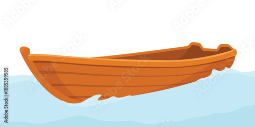 Wooden paddle boat. Cartoon boat. Boat floating on water with waves. Sea, river or lake