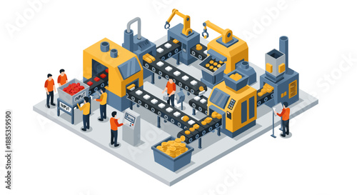 Isometric vector illustration of a modern automated factory assembly line with robotic arms and workers