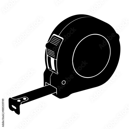 A vector silhouette of a measuring tape in solid black on a white isolated background.