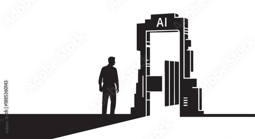 A lone silhouette of a person stands before a monumental, futuristic archway marked 'AI', symbolizing the gateway to artificial intelligence and the future.