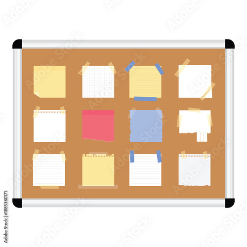 Blank paper notes, sticky memos, notepad sheets pinned to cork bulletin board with plastic frame