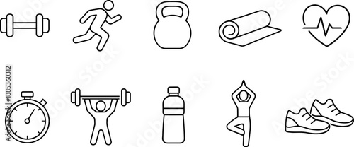 Set of black line icons representing fitness and physical activity including weightlifting, running, basketball, yoga, cycling, crunches, jumping rope, swimming, boxing, and stretching. Minimalist out