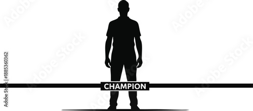 Minimalist graphic illustration of a male figure in silhouette with a 'CHAMPION' banner across the midsection on a clean white background.