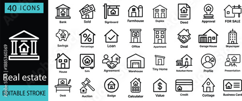 Collection of modern real estate icons for property services, housing, and finance. Outline vector icons collection. Editable stroke
