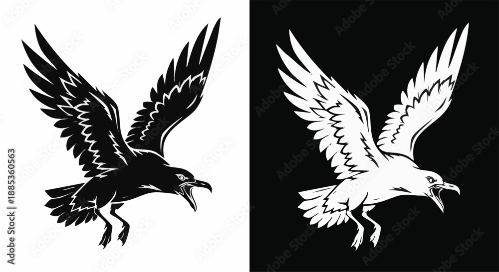 Obraz premium Two stylized illustrations of a flying bird, one black on white and one white on black, depicting a dynamic seagull with open beak and spread wings.