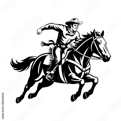Bold Black Retro Inspired Western Illustration of Full Cowboy in Action Riding a Galloping Horse Vector