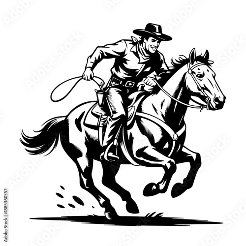 Bold Black Retro Inspired Western Illustration of Full Cowboy in Action Riding a Galloping Horse Vector
