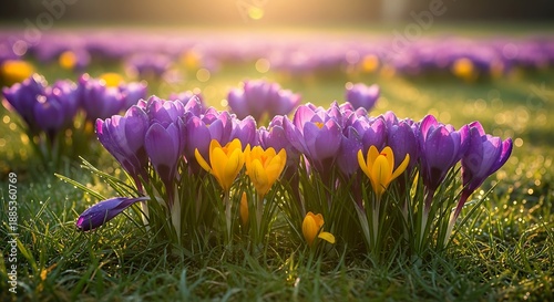 A vibrant field of purple and yellow crocuses bathed in golden sunlight
