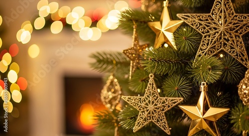 Golden christmas tree ornaments sparkle beautifully against a blurred festive background high quality