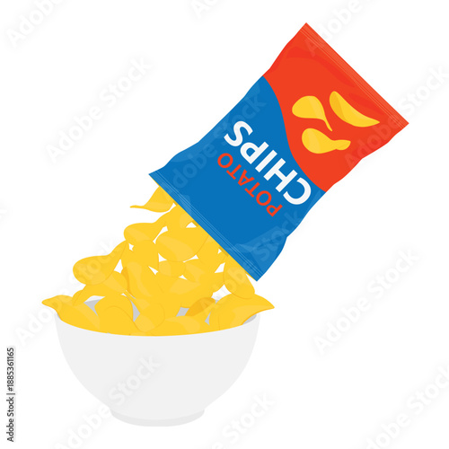 Potato chips package and plate of chips, isolated on white background. Chips bag with falling potato chips in bowl filled with pile of crisps