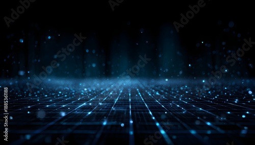 Intense blue light particles rising from a glowing digital plane in a dark virtual environment representing big data flow