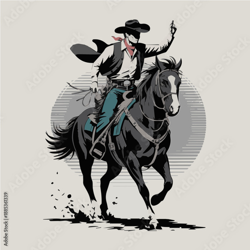 Bold Black Retro Inspired Western Illustration of Full Cowboy in Action Riding a Galloping Horse Vector