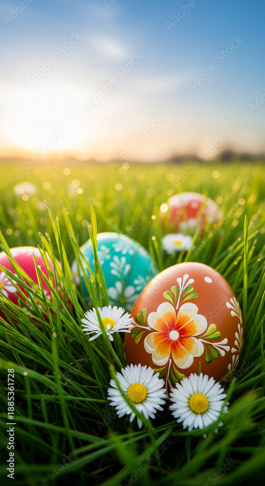 Fototapeta premium Painted egg laying on green grass with white flower, representing Easter spring celebration, freshness and new beginning, perfect for religious concepts