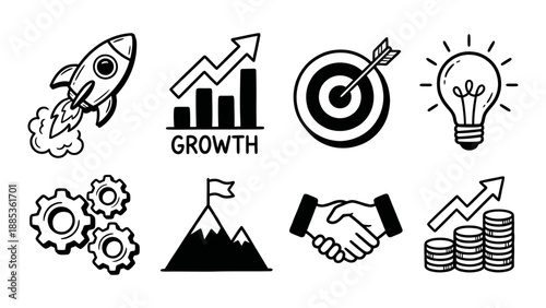 Hand drawn vector doodle set of business icons. Illustrations of rocket launch, growth chart, target goal, light bulb idea, handshake, gears, and financial profit. Outline sketch for startup strategy.