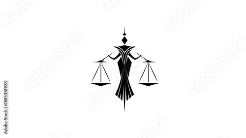 A symmetrical black and white emblem depicting a stylized figure with scales