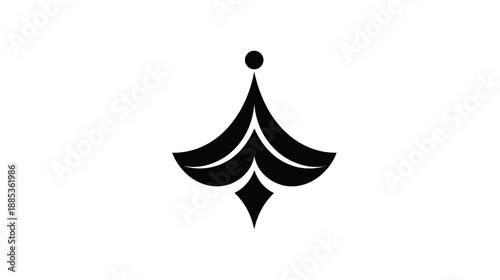 Symmetrical black design on white. Resembles a crown, abstract shape with droplet and top ball