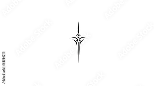 A symmetrical black design on a white background, suggesting a stylized sword or abstract emblem
