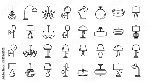 Collection of various lamp and lighting fixtures in simple line art style on white background