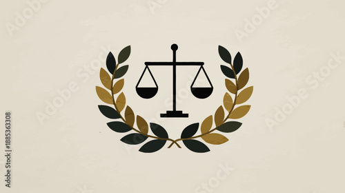 A scales of justice image is centered, surrounded by a leafy wreath on a textured beige background
