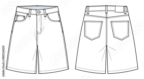 Men’s Classic Denim Jorts Technical Illustration - Five-Pocket Jean Shorts Vector Template with Front and Back View - Menswear CAD Mockup Set