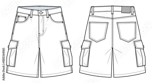 Slika na platnu Men’s Baggy Denim Cargo Jorts Technical Illustration - Multi-Pocket Utility Jean