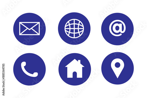 Contact icon set white on blue solid circle button for professional website communication.