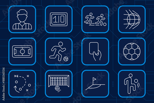 Football set icon. Player, ball, field, referee, tactics, goal, scoreboard, yellow card, whistle, corner flag, training, match competition.
