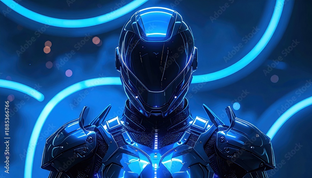 Fototapeta premium Futuristic Cybernetic Warrior with Neon Blue Accents.