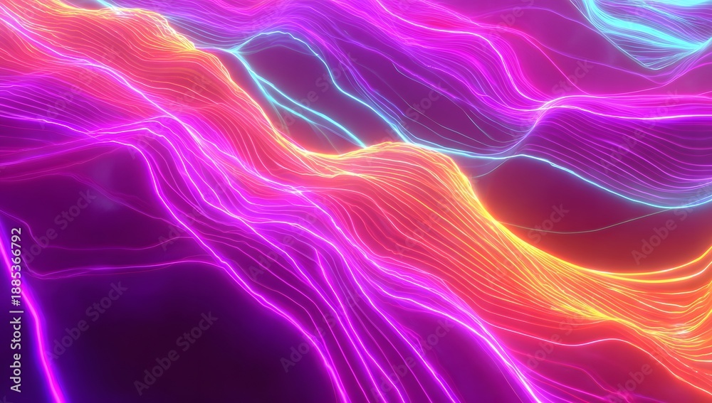Obraz premium Abstract terrain of glowing neon lines creating vibrant wavy landscape, colorful digital art depicting futuristic grid mesh in electric light