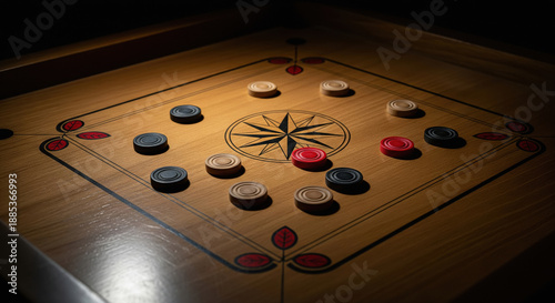 Traditional Carrom Board Game Setup with Colorful Coins Under Spotlight