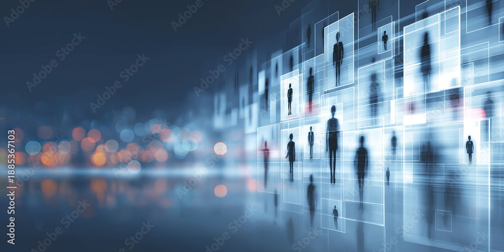 Obraz premium A network of diverse professional profiles floats above a blurred global cityscape.