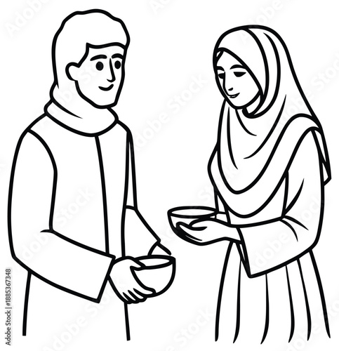 Muslim couple holding empty food bowls for charity and donation concept line art