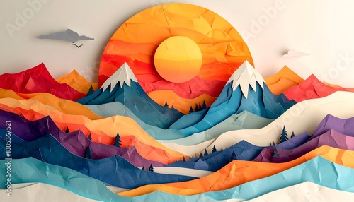 Colorful paper-art landscape of mountains, sun, and clouds