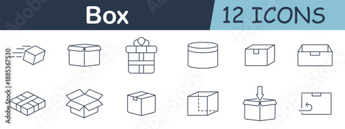 Box set icon. Delivery boxes, open boxes, gift box, round container, return arrow, sealed tape, dashed line cube, and downward insert symbol in minimal style.