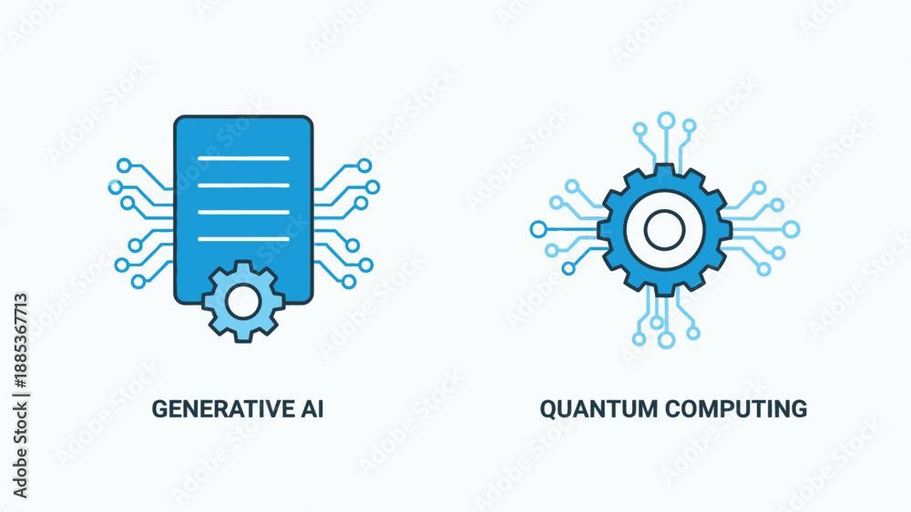 Fototapeta premium Generative AI and Quantum Computing Icons in Blue Color with Gears and Circuit Boards for Technology Illustration