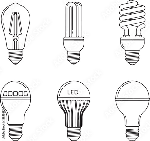 Various Light Bulb Types Icons Line Art Edison bulb