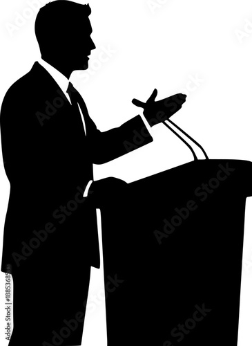 Businessman silhouette giving a speech at podium with microphone