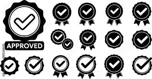 Approved stamps vector icons set. round, rectangular, approved seals collection.