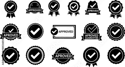 Approved stamps vector icons set. round, rectangular, approved seals collection.