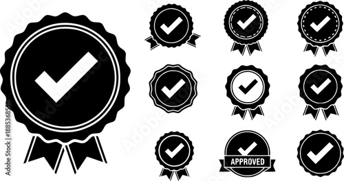 Approved stamps vector icons set. round, rectangular, approved seals collection.